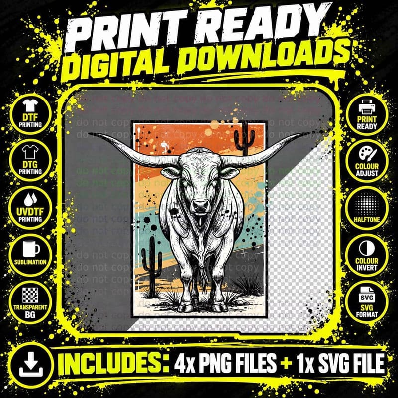 Longhorn Bull in Desert Landscape Western T-Shirt Png SVG Digital Bundle