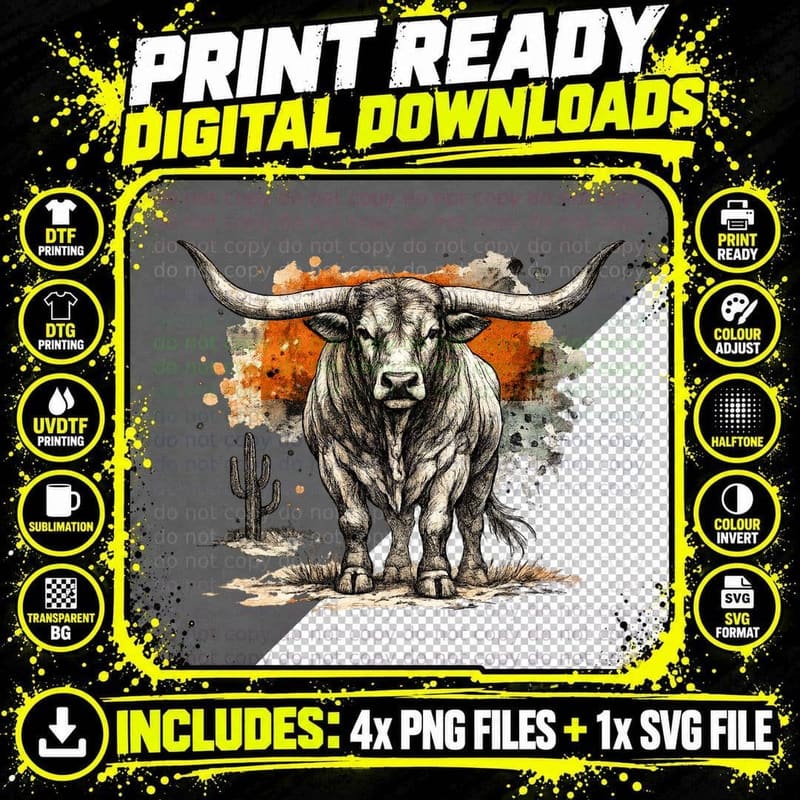 Longhorn Bull in Desert Western T-Shirt Png SVG Digital Bundle
