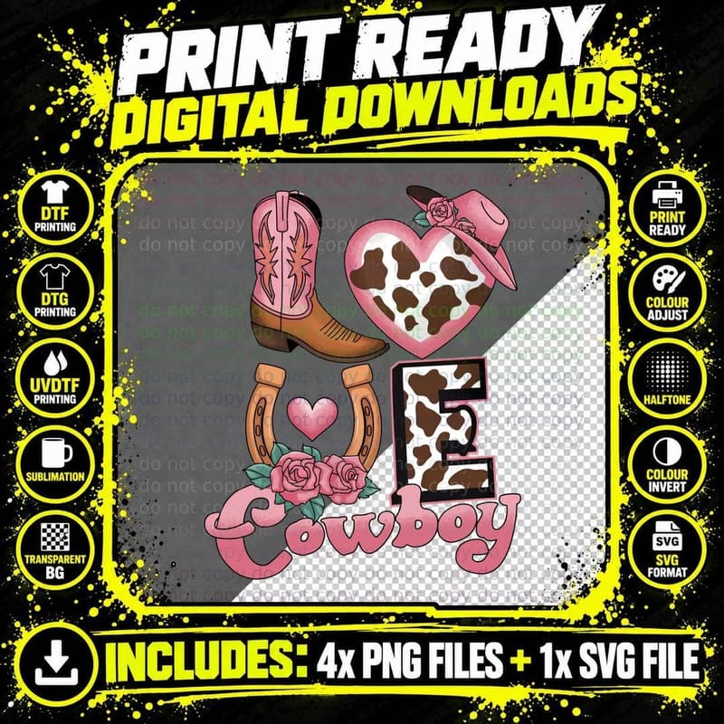 Love Cowboy Western T-Shirt, Pink Cowboy Boot Heart Png SVG Digital Bundle