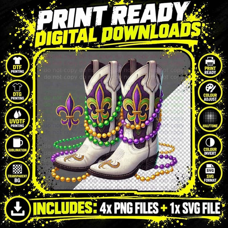 Mardi Gras Cowboy Boots Beads Mardi Gras T-Shirt Png SVG Digital Bundle