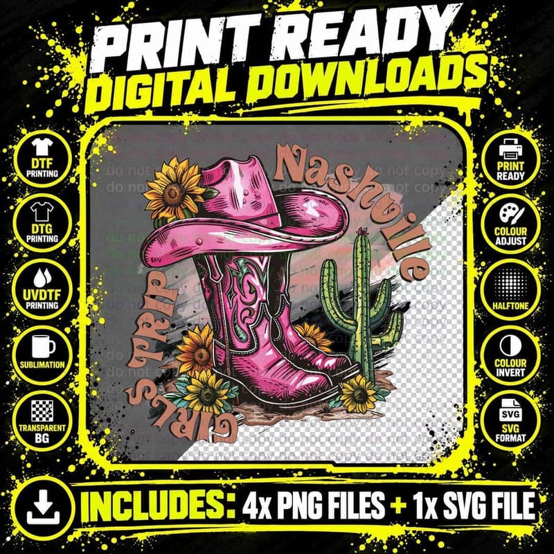 Nashville Trip Western T-Shirt, Pink Cowboy Boot with Png SVG Digital Bundle