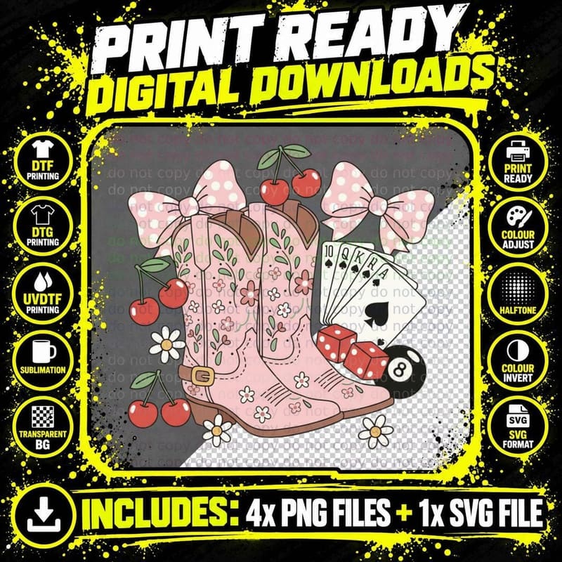 Pink Cowboy Boots with Cherries and Cards Western Png SVG Digital Bundle