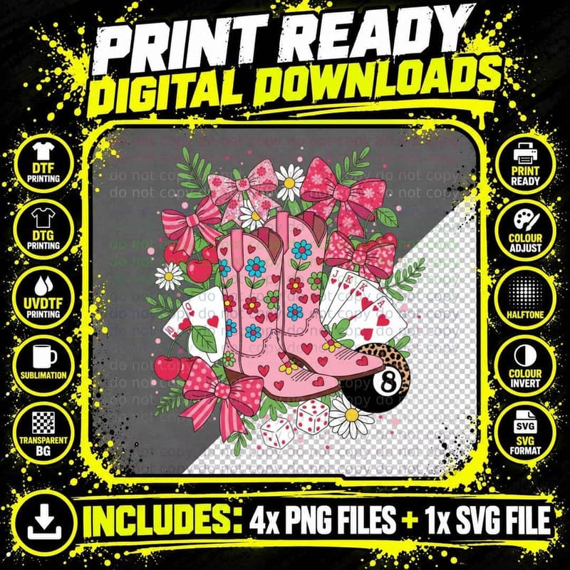 Pink Cowboy Boots with Hearts and Flowers Western Png SVG Digital Bundle
