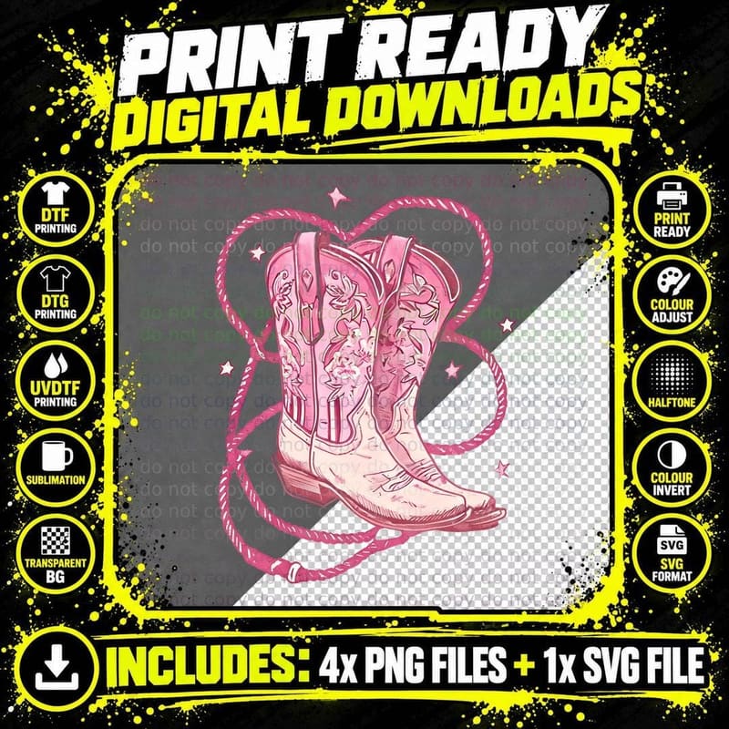 Pink Cowboy Boots with Rope Stars Western T-Shirt Png SVG Digital Bundle