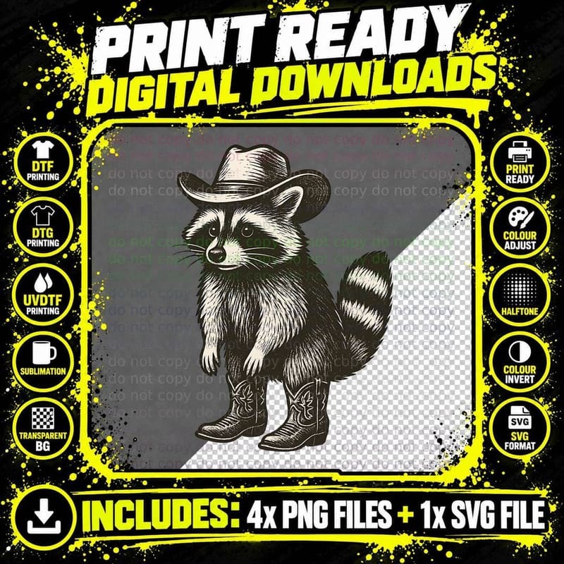 Raccoon Cowboy Boots Hat Western T-Shirt Png SVG Digital Bundle