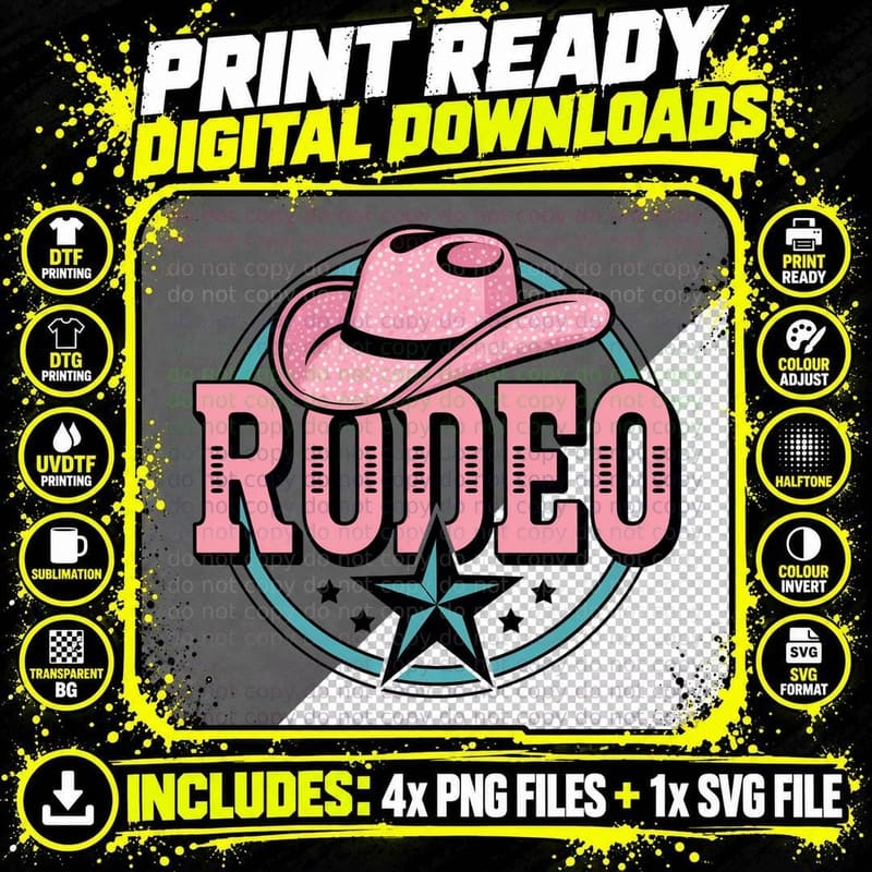 Rodeo Western T-Shirt, Pink Cowboy Hat with Stars Png SVG Digital Bundle