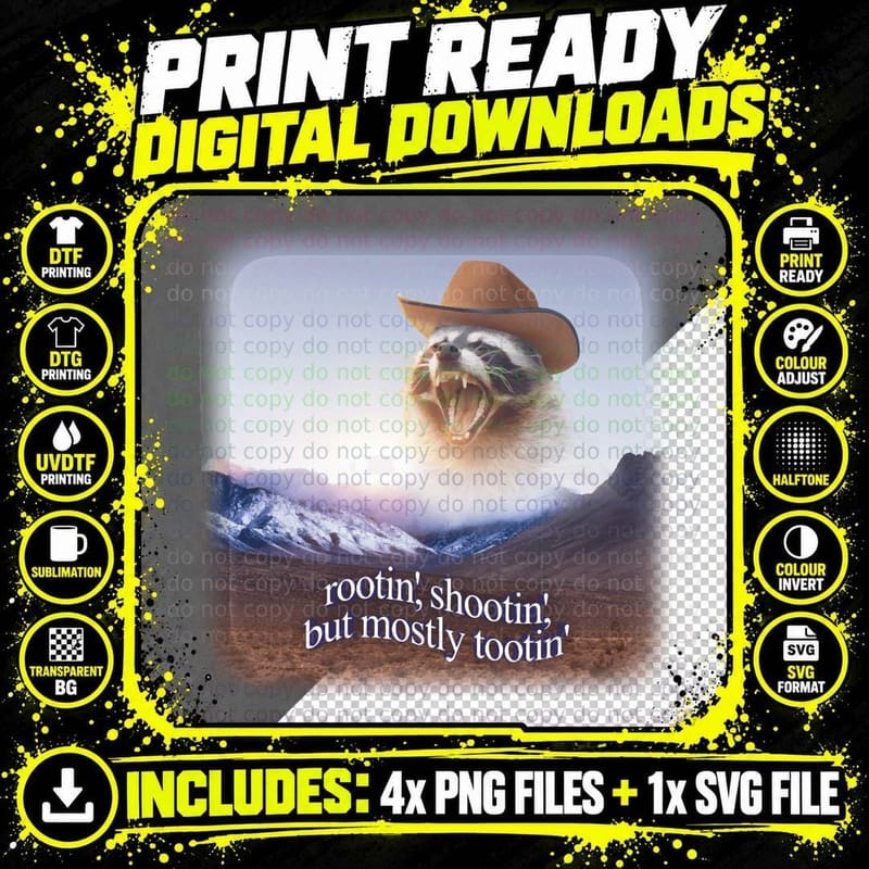 Rootin Shootin but Mostly Tootin Cowboy Raccoon Word Art Png SVG Digital Bundle