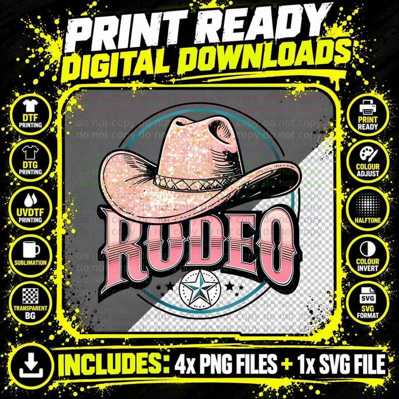 Rudeo Western T-Shirt, Sparkly Pink Cowboy Hat Graphic Png SVG Digital Bundle