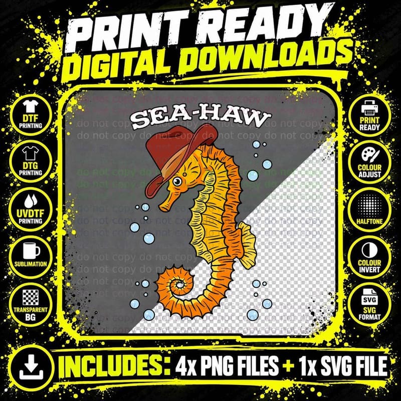 Seahorse Cowboy Hat Aquatic Sea Animal Fish Hippocampus Png SVG Digital Bundle