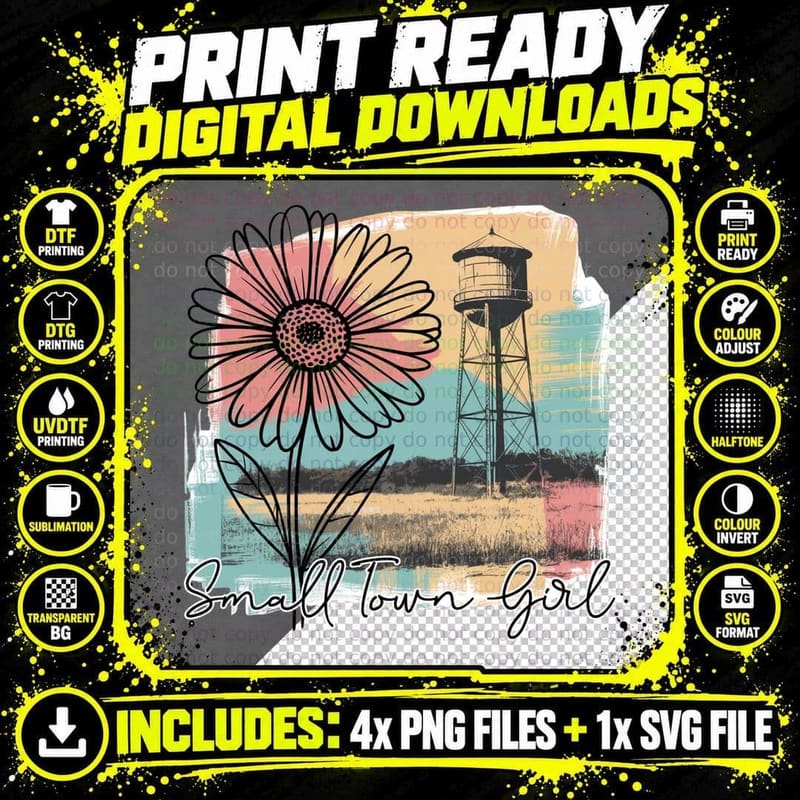Small Town Girl Western T-Shirt, Daisy Flower Water Png SVG Digital Bundle