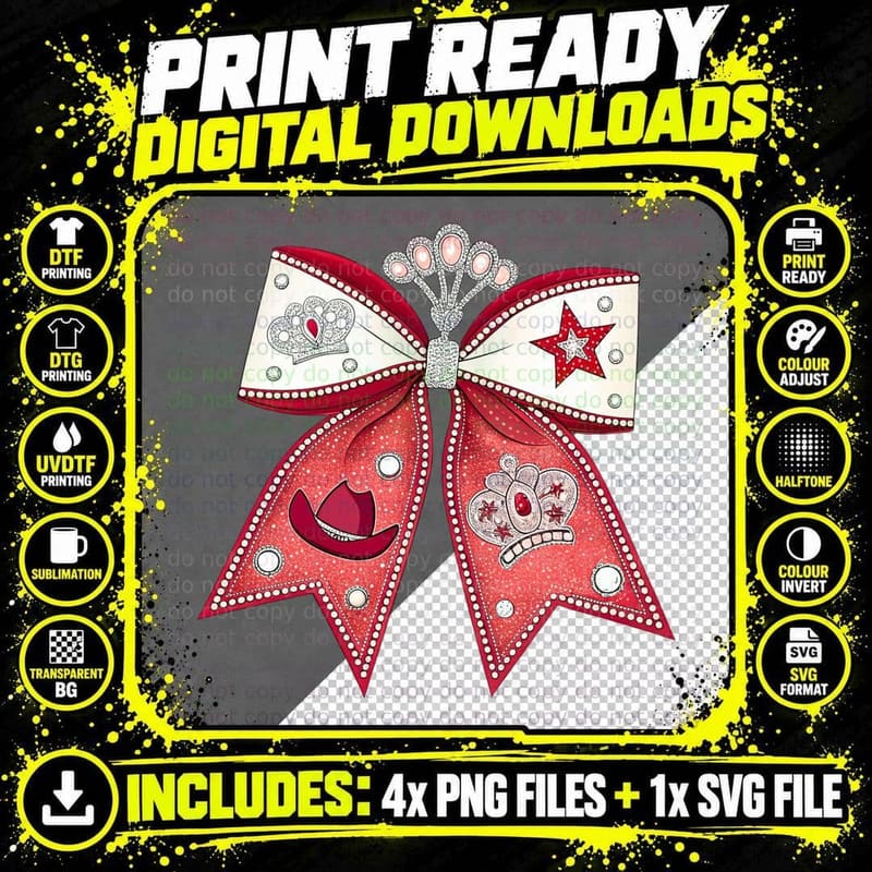Sparkly Red Bow with Crown and Star Western T-Shirt Png SVG Digital Bundle