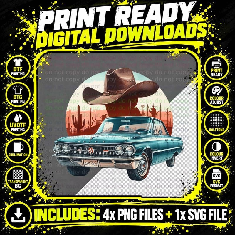 Teal Car Giant Hat Cowboy Western T-Shirt Png SVG Digital Bundle