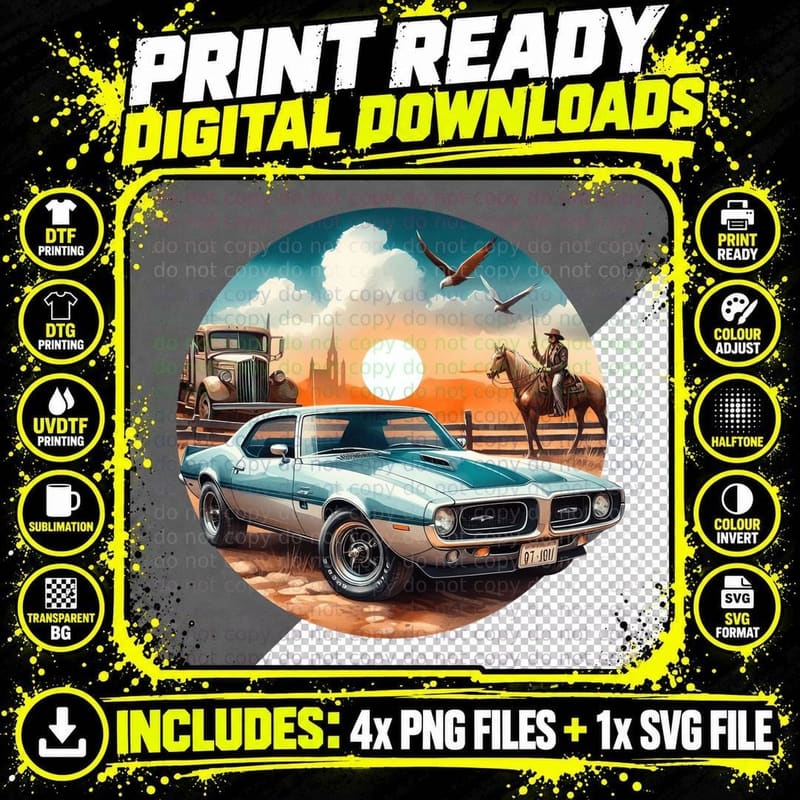 Teal Car Planes Desert Cowboy T-Shirt Png SVG Digital Bundle