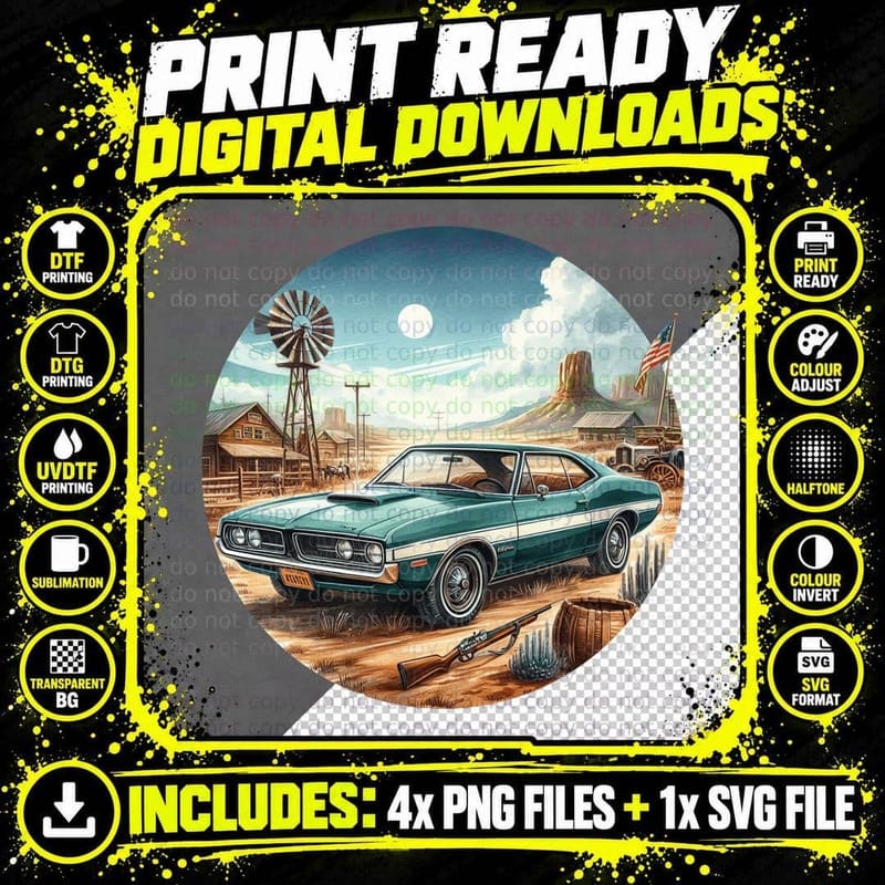 Teal Car Windmill Rural Western T-Shirt Png SVG Digital Bundle