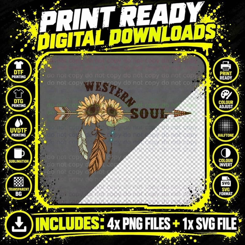 Western Soul Western T-Shirt, Sunflowers Feathers Arrow Png SVG Digital Bundle