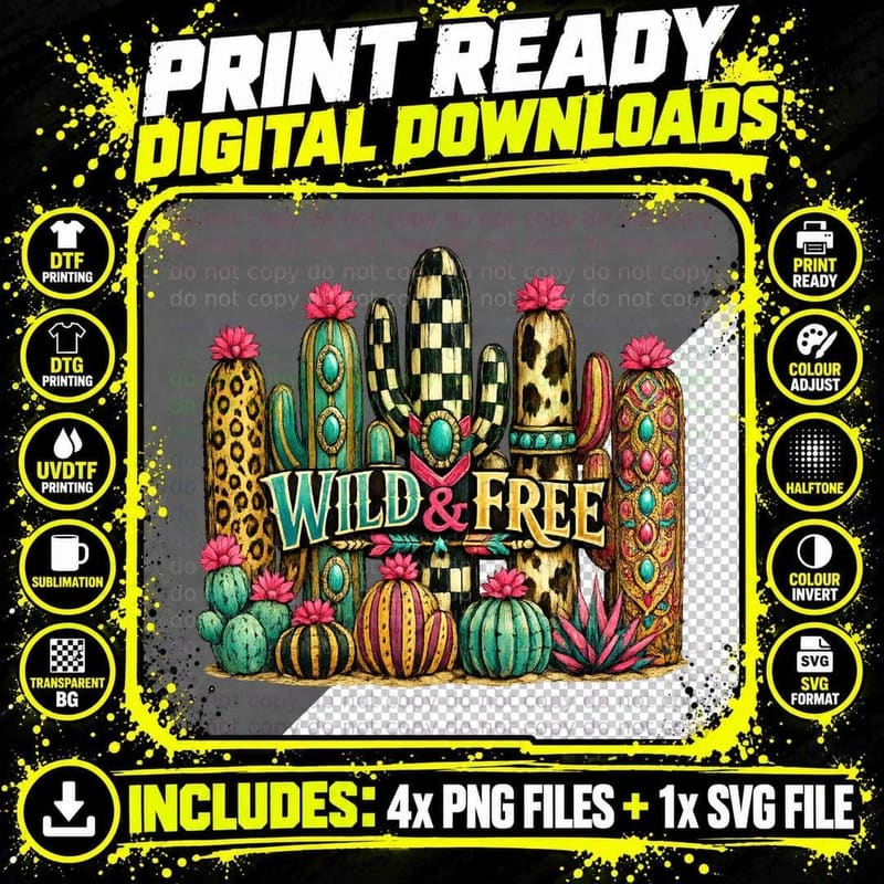 Wild & Free Western T-Shirt, Colorful Cacti with Png SVG Digital Bundle