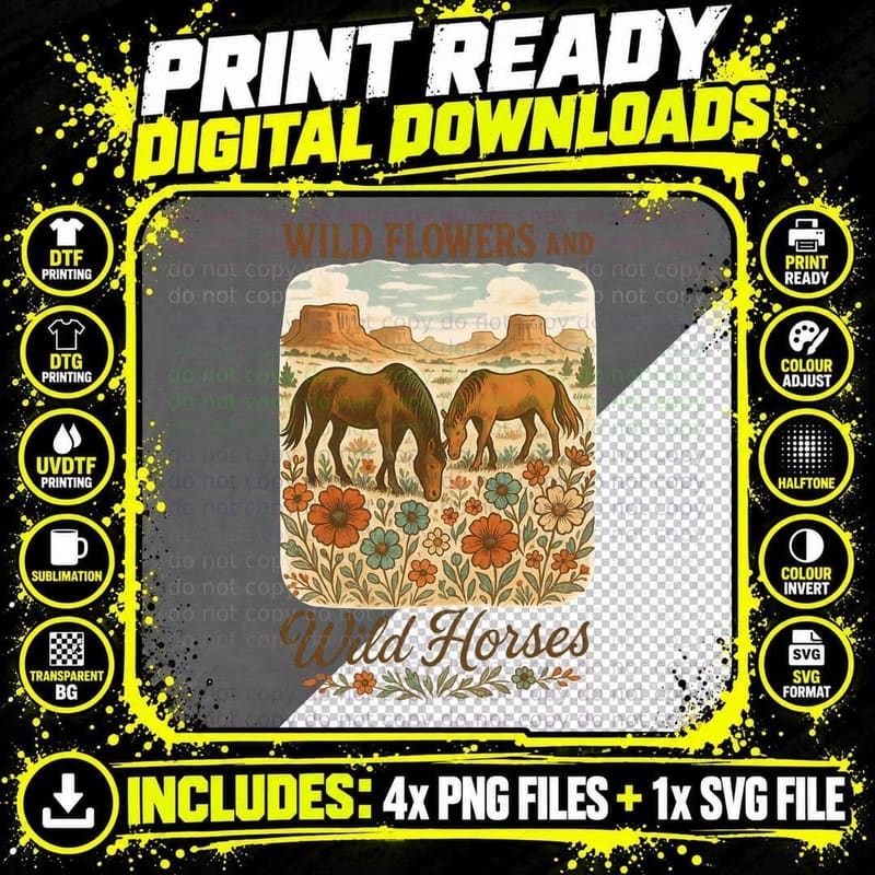 Wild Flowers and Wild Horses Western Art T-Shirt Png SVG Digital Bundle