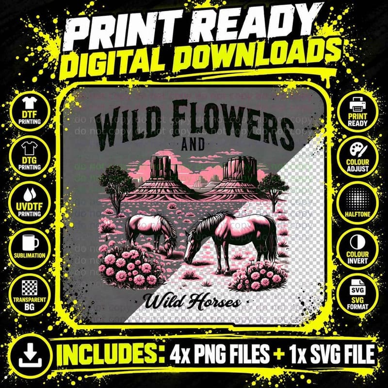 Wild Flowers and Wild Horses Western Design T-Shirt Png SVG Digital Bundle