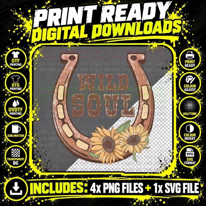 Wild Soul Western T-Shirt, Horseshoe with Sunflowers Png SVG Digital Bundle