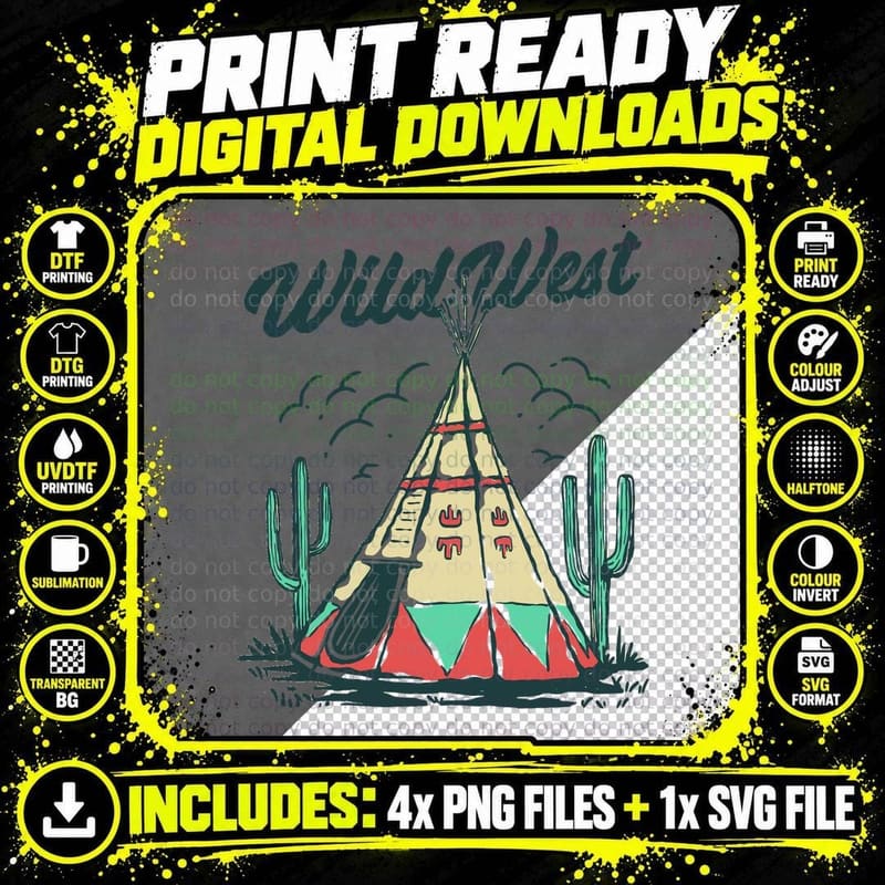 Wild West Tipi Cactus Western Native American T-Shirt Png SVG Digital Bundle