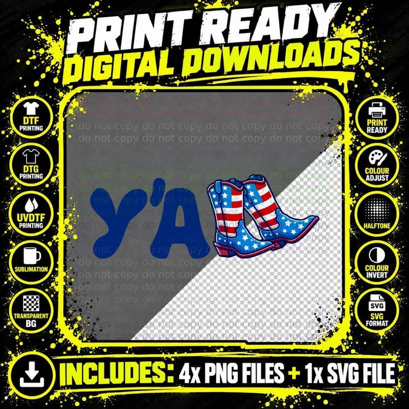 Y'a Western T-Shirt, Patriotic Cowboy Boots Graphic Tee Png SVG Digital Bundle