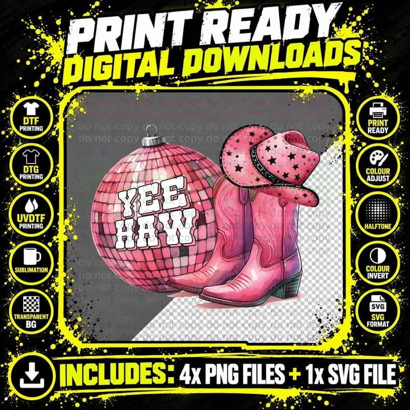 Yee Haw Western T-Shirt, Disco Ball Cowboy Boots Graphic Png SVG Digital Bundle