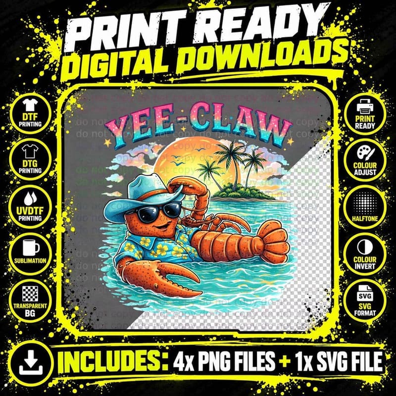 Yee-Claw Western T-Shirt, Lobster Relaxing in Ocean with Png SVG Digital Bundle