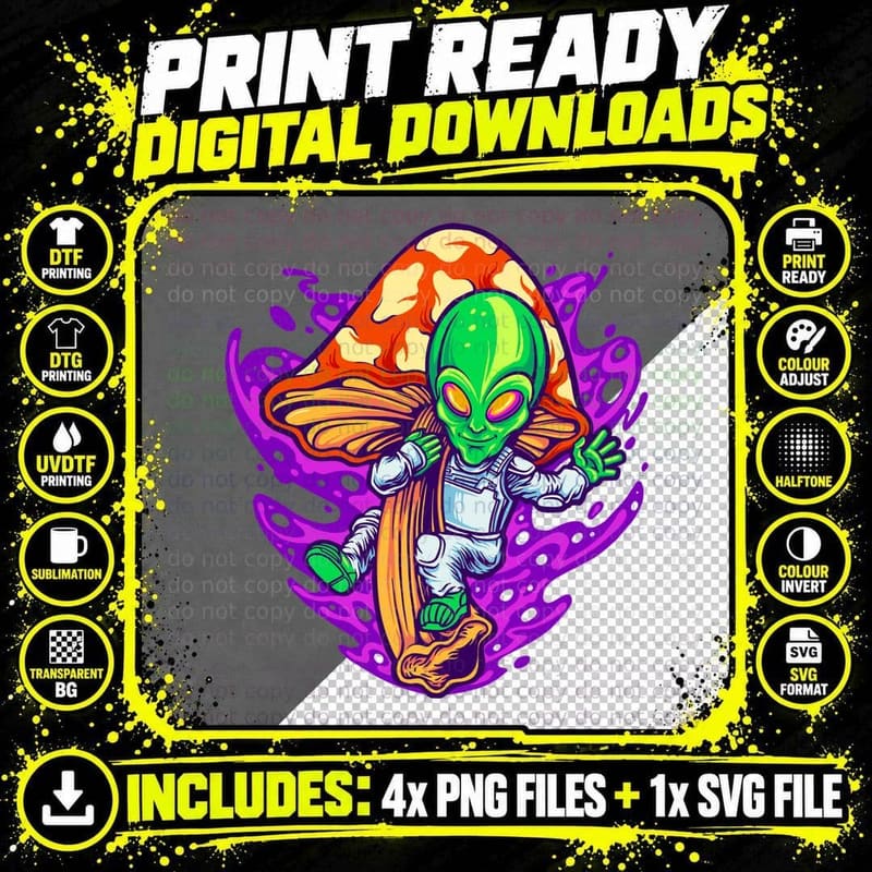 Alien Invasion Ufo with Cannabis Leaf Colorful Explosive Png SVG Digital Bundle