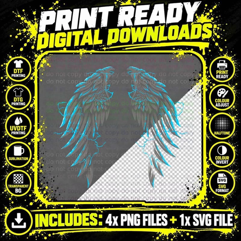 Angel Wings Blue Cyan Feathers Spiritual T-Shirt Png SVG Digital Bundle