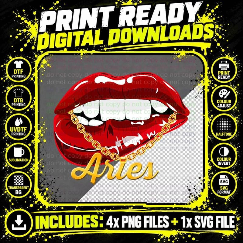 Aries Girl Juicy Lips Gold Chain Astrology Zodiac Sign Png SVG Digital Bundle