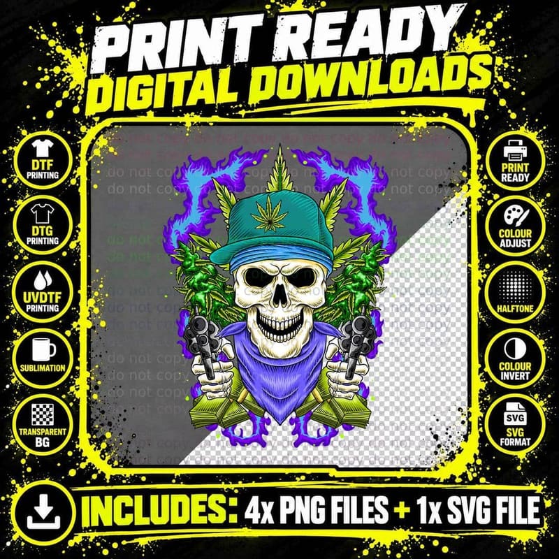 Beanie Skull in Teal with Purple Flame Aura Streetwear Png SVG Digital Bundle