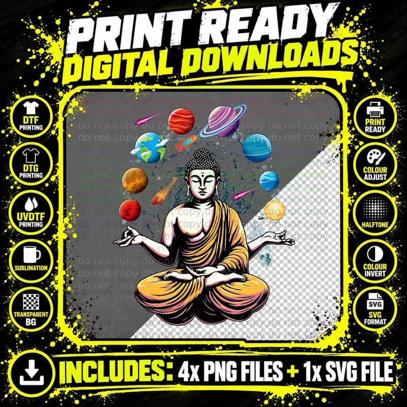 Buddha Juggling Space Planets Zen Yoga Meditation Png SVG Digital Bundle