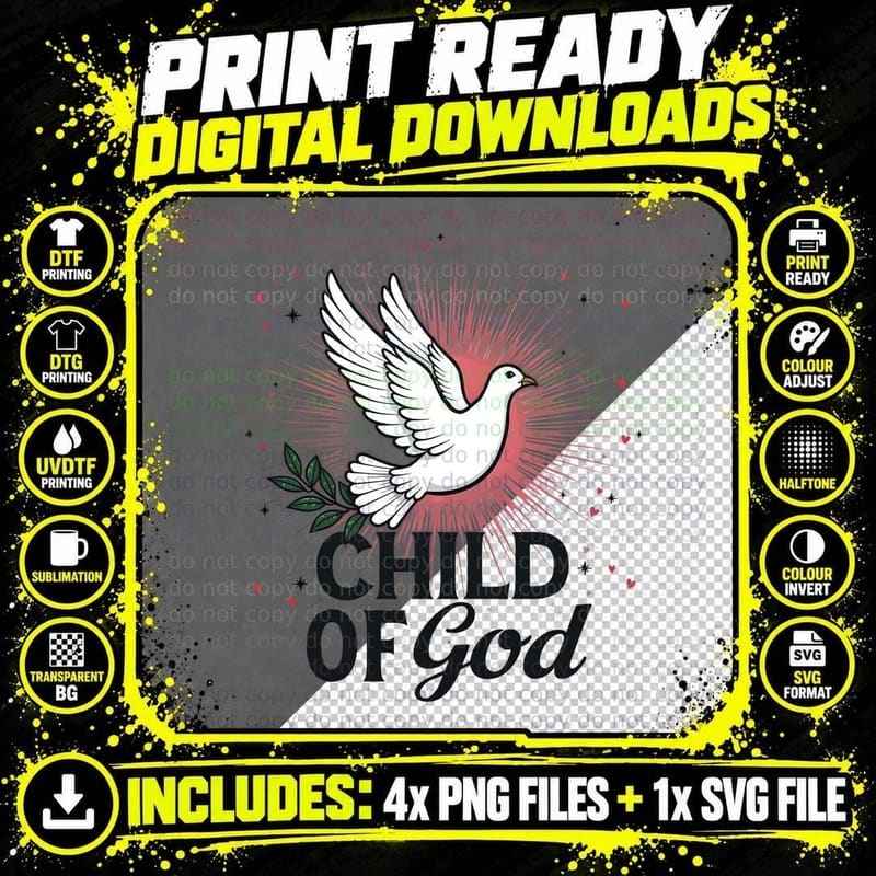 Child of God Dove Olive Branch Peace Harmony Vibrant Png SVG Digital Bundle