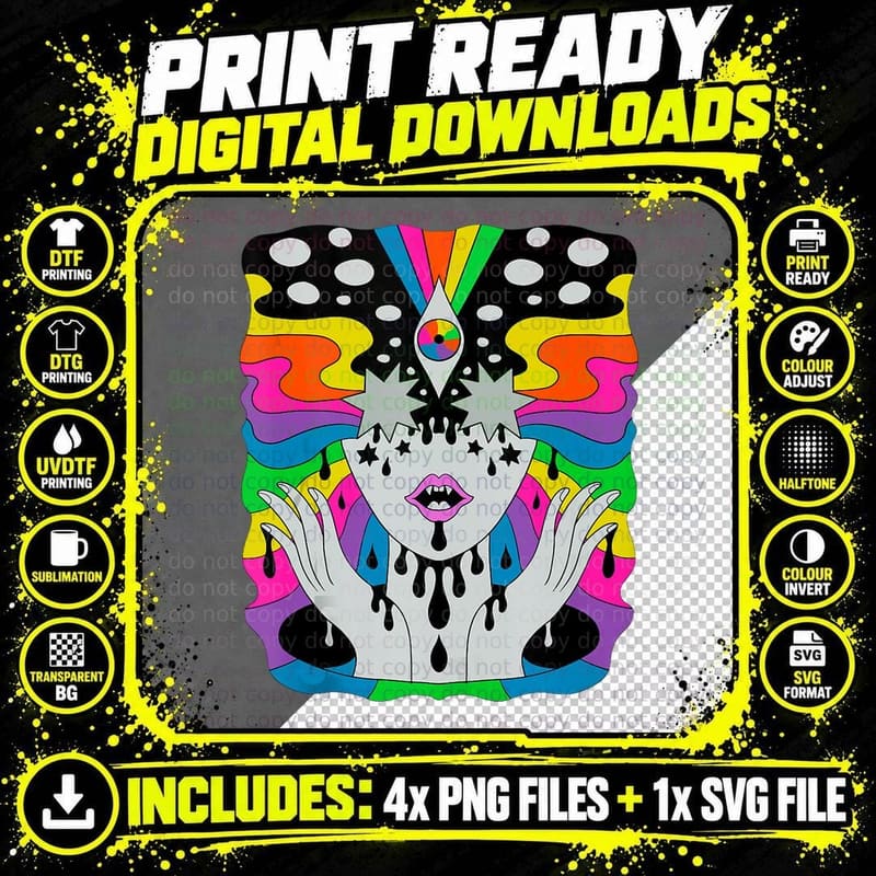 Colorful Psychedelic Girl Trippy Abstract Third Eye Png SVG Digital Bundle