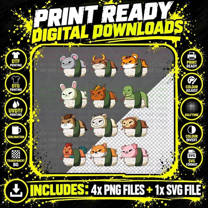 Cute Chinese Zodiac Animal Signs Lunar New Year Sushi Png SVG Digital Bundle