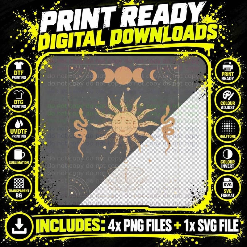 Dark Academia Aesthetic Tarot Card Sun Moon Phase Snakes Png SVG Digital Bundle