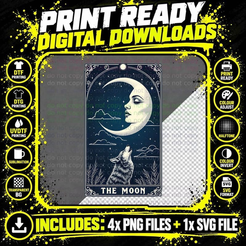 Elegant Moon Tarot Card Graphic Tee Png SVG Digital Bundle
