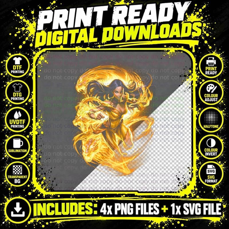 Fire Heroine T-Shirt, Halftone Flame Aura Heroine Png SVG Digital Bundle