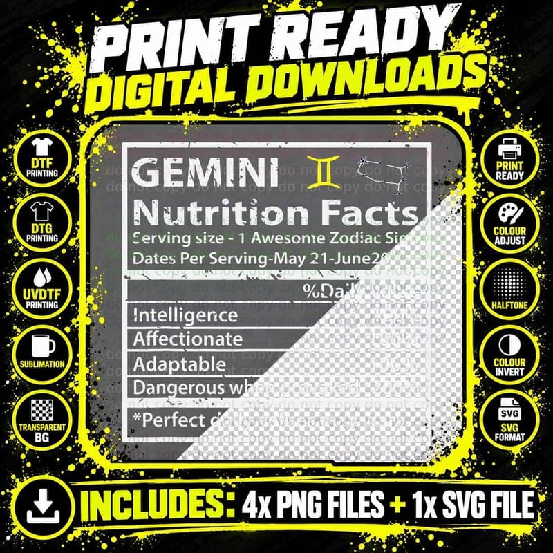 Gemini Nutrition Facts Zodiac Sign T-Shirt Png SVG Digital Bundle