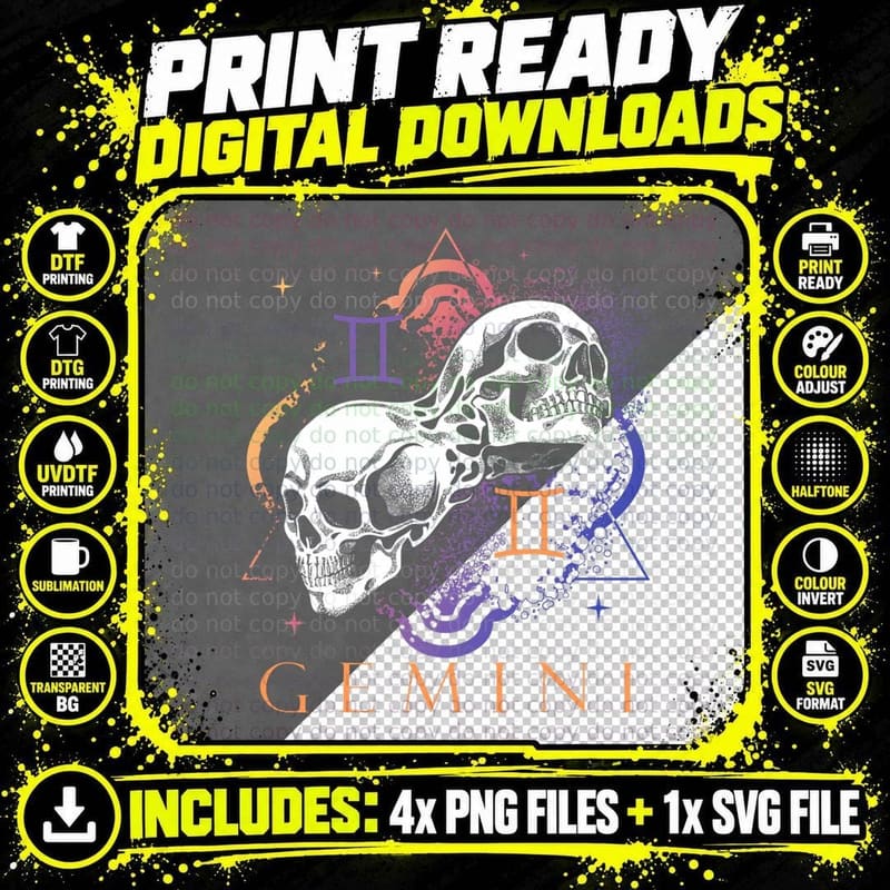 Gemini Witchcraft Zodiac Signs Art Skull Constellation Png SVG Digital Bundle
