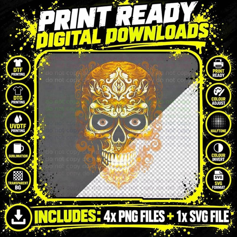 Golden Ornate Skull Spade Heart Eyes Baroque Spiritual Png SVG Digital Bundle