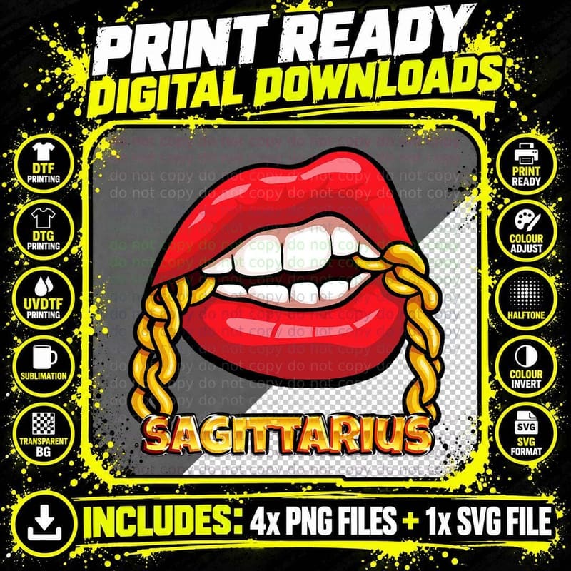 Juicy Lips Gold Chain Sagittarius Zodiac Sign T-Shirt Png SVG Digital Bundle