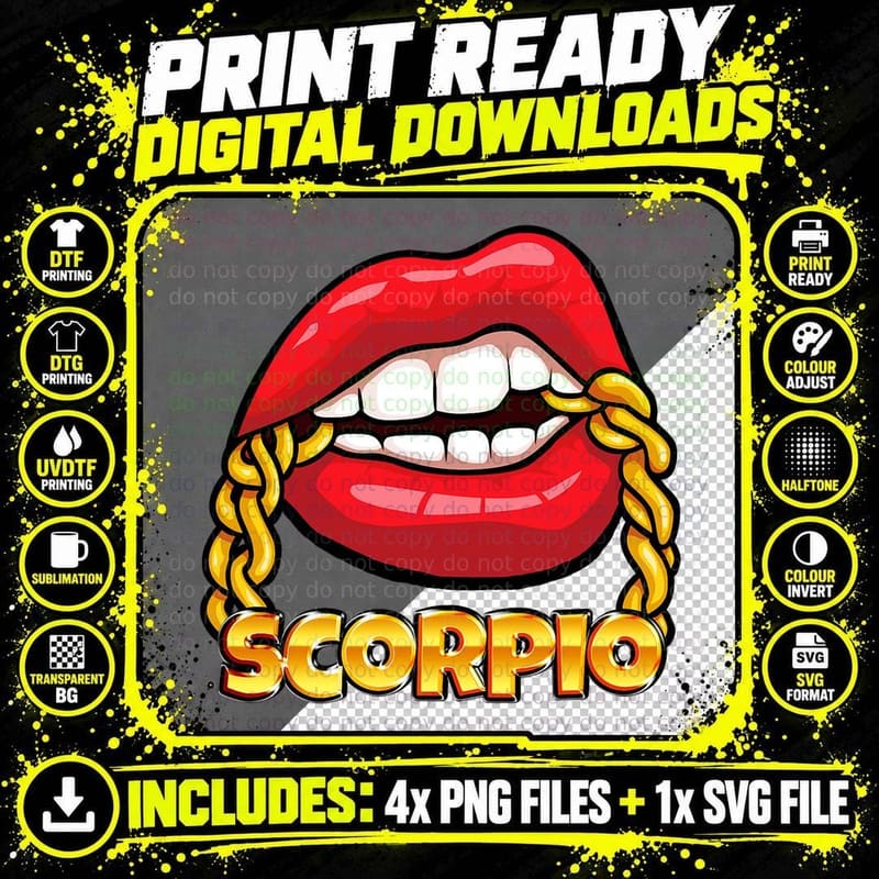 Juicy Lips Gold Chain Scorpio Zodiac Sign T-Shirt Png SVG Digital Bundle