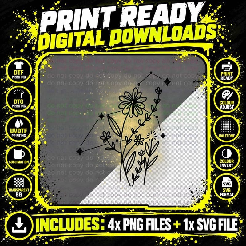 Leo Constellation Zodiac Sign Flowers Png SVG Digital Bundle