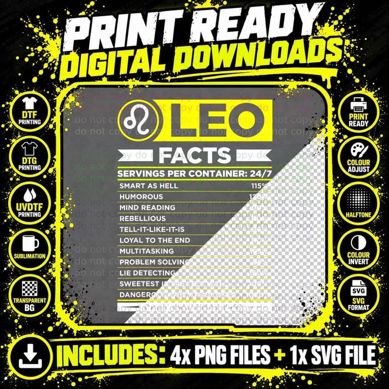 Leo Traits Facts Horoscope Zodiac Astrological Sign Gift Png SVG Digital Bundle