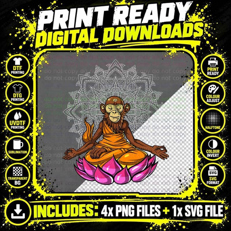 Monkey Buddha Zen Yoga Meditation Spiritual Namaste Png SVG Digital Bundle