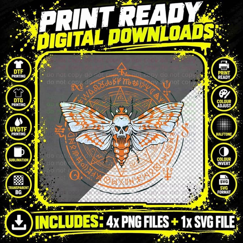 Moth Insect Orange Esoteric Spiritual Art Line Design Png SVG Digital Bundle