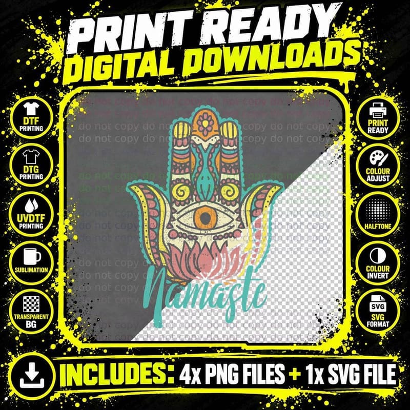 Namaste Spiritual Hamsa Hand Evil Eye Rainbow T-Shirt Png SVG Digital Bundle