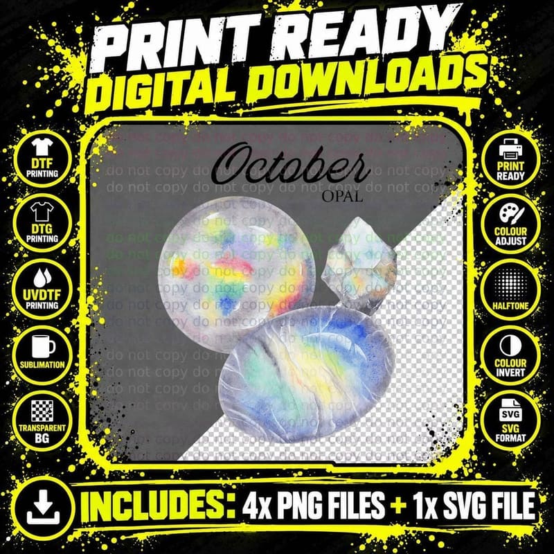 October Birthstone Opal, Birth Month Gemstone Png SVG Digital Bundle