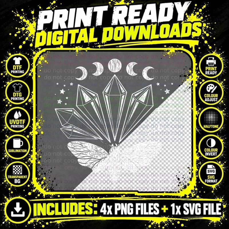 Pagan Occult Moth Crystals Astrology Mystical Crescent Png SVG Digital Bundle